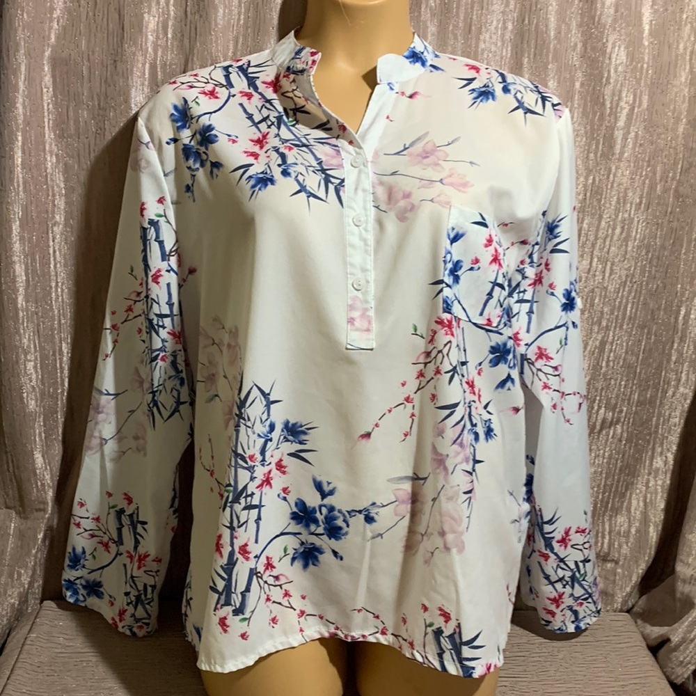 Top Blouse Creamy White Purple Blue Floral 5XL No Stretch